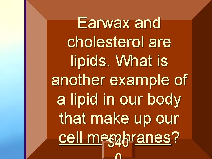 Earwax and cholesterol are lipids. What is another example of a lipid in our