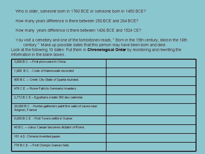 Who is older, someone born in 1760 BCE or someone born in 1450 BCE?