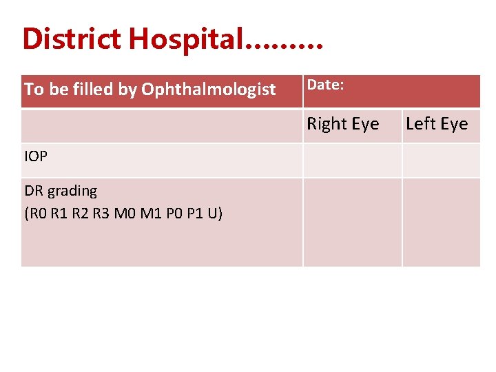 District Hospital……… To be filled by Ophthalmologist Date: Right Eye IOP DR grading (R