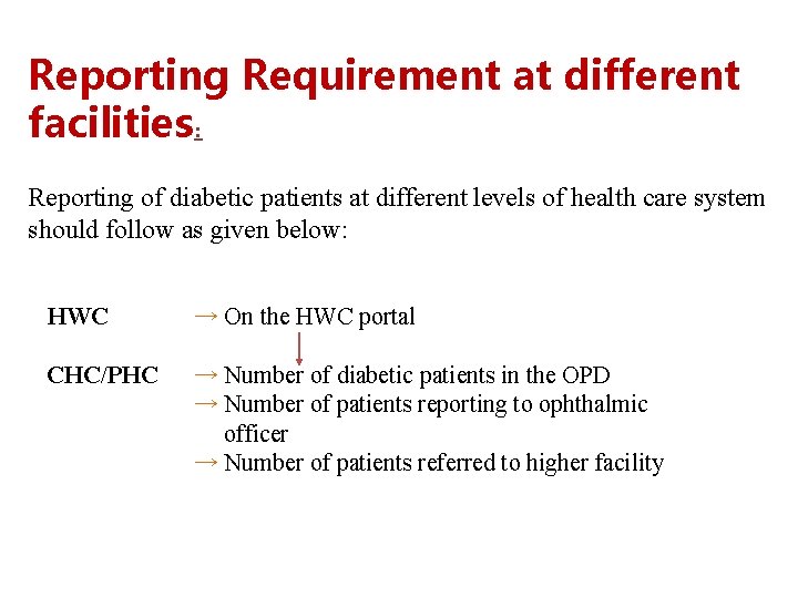 Reporting Requirement at different facilities: Reporting of diabetic patients at different levels of health