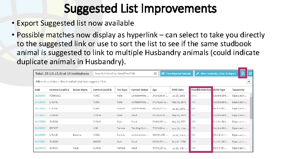 Suggested List Improvements • Export Suggested list now available • Possible matches now display