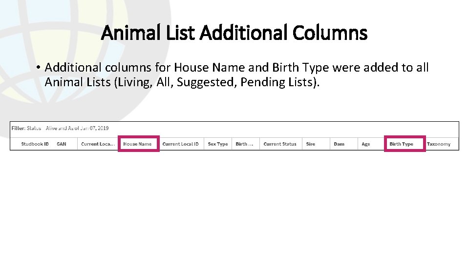 Animal List Additional Columns • Additional columns for House Name and Birth Type were
