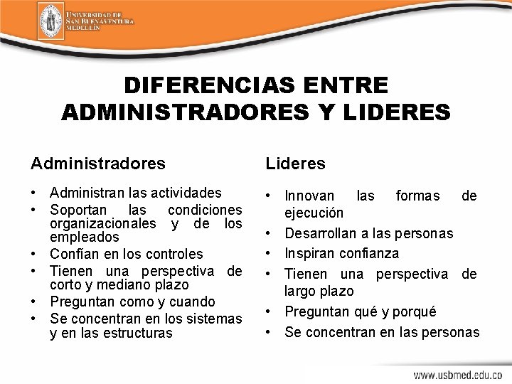 DIFERENCIAS ENTRE ADMINISTRADORES Y LIDERES Administradores Lideres • Administran las actividades • Soportan las