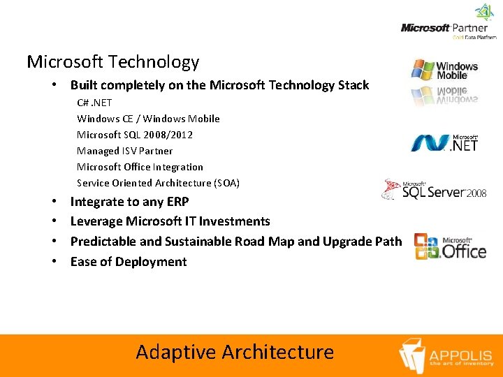 Microsoft Technology • Built completely on the Microsoft Technology Stack C#. NET Windows CE