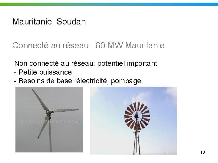 Mauritanie, Soudan Connecté au réseau: 80 MW Mauritanie Non connecté au réseau: potentiel important