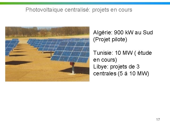 Photovoltaique centralisé: projets en cours Algérie: 900 k. W au Sud (Projet pilote) Tunisie: