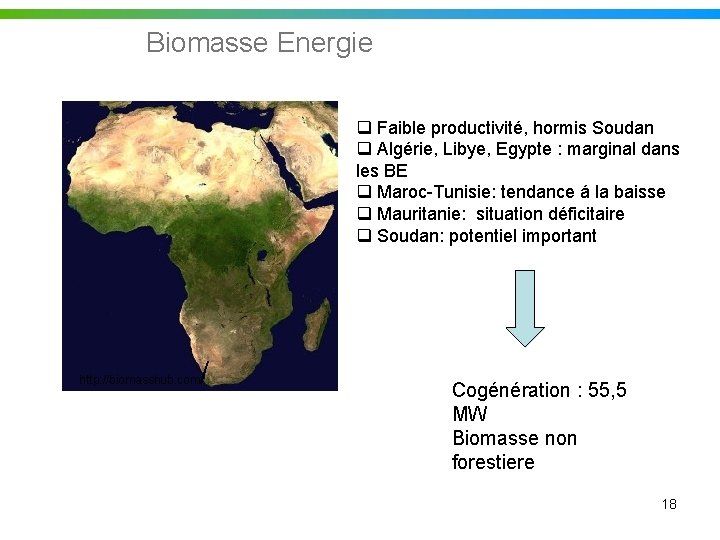 Biomasse Energie q Faible productivité, hormis Soudan q Algérie, Libye, Egypte : marginal dans