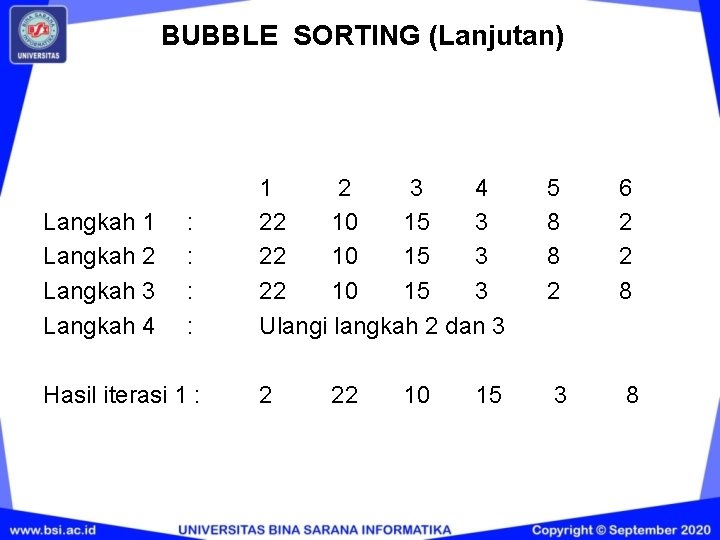 BUBBLE SORTING (Lanjutan) Langkah 1 Langkah 2 Langkah 3 Langkah 4 : : Hasil BUBBLE SORTING (Lanjutan) Langkah 1 Langkah 2 Langkah 3 Langkah 4 : : Hasil