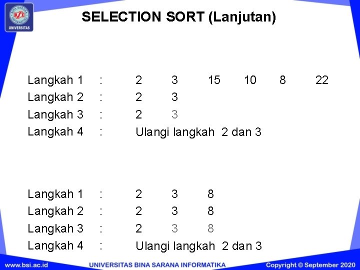 SELECTION SORT (Lanjutan) Langkah 1 Langkah 2 Langkah 3 Langkah 4 : : 2 SELECTION SORT (Lanjutan) Langkah 1 Langkah 2 Langkah 3 Langkah 4 : : 2