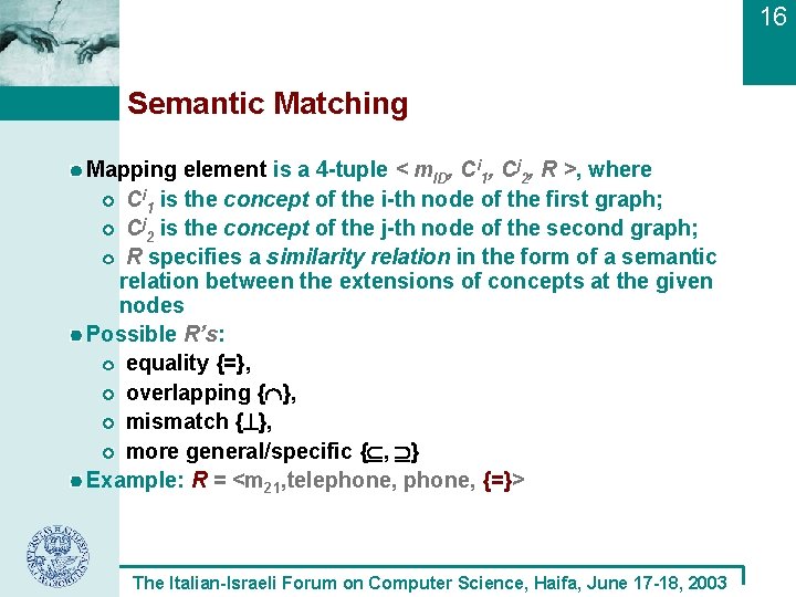 16 Semantic Matching Mapping element is a 4 -tuple < m. ID, Ci 1,