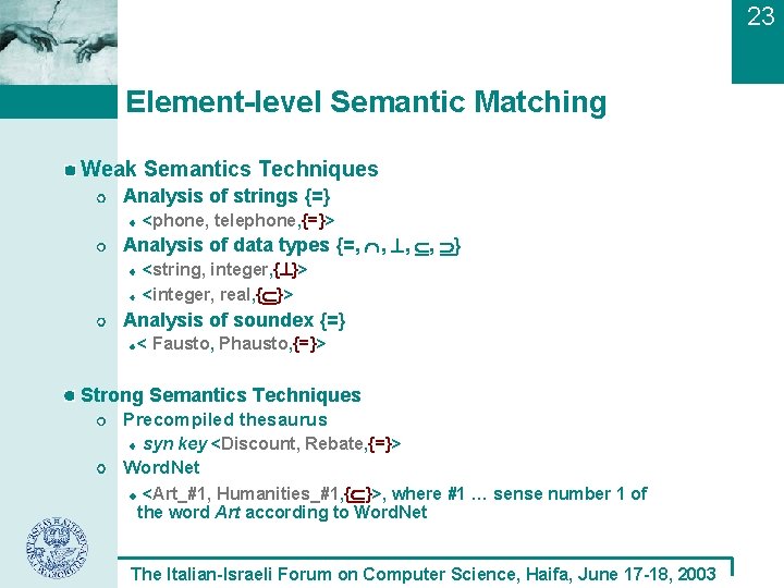 23 Element-level Semantic Matching Weak Semantics Techniques Analysis of strings {=} <phone, telephone, {=}>