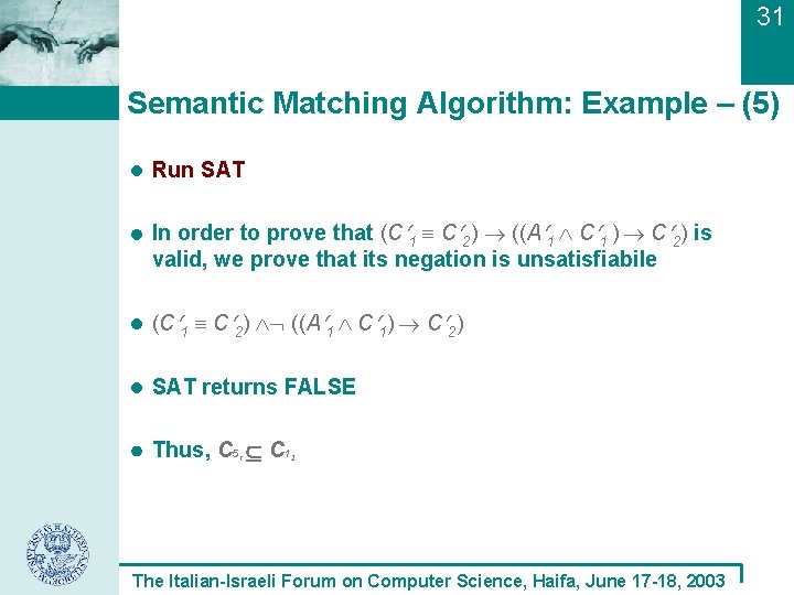31 Semantic Matching Algorithm: Example – (5) Run SAT In order to prove that