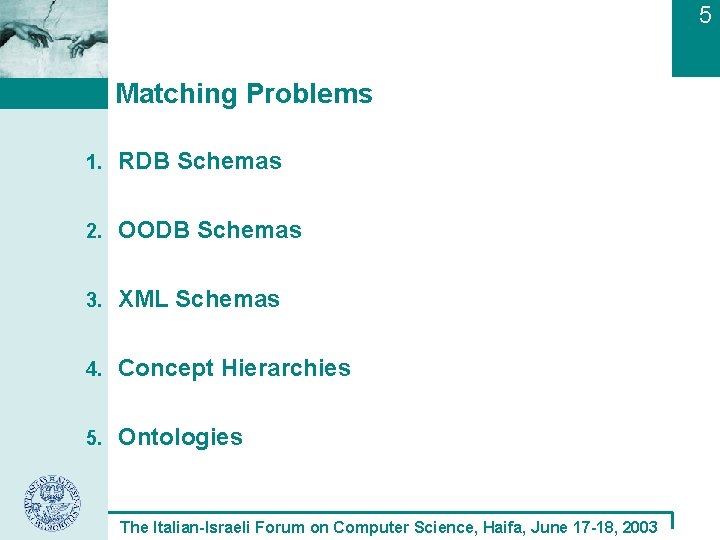 5 Matching Problems 1. RDB Schemas 2. OODB Schemas 3. XML Schemas 4. Concept