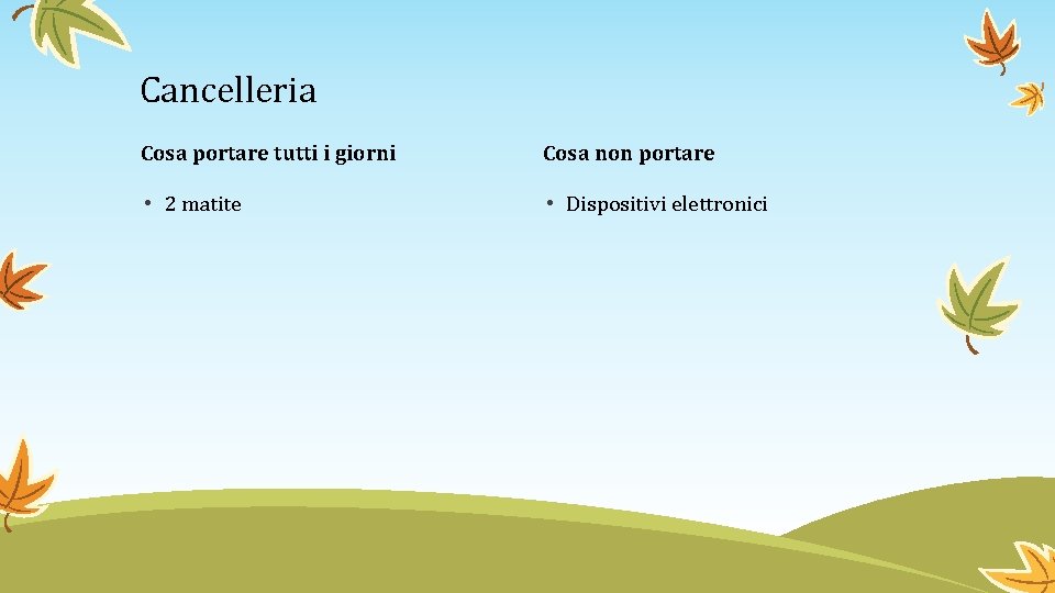 Cancelleria Cosa portare tutti i giorni Cosa non portare • 2 matite • Dispositivi