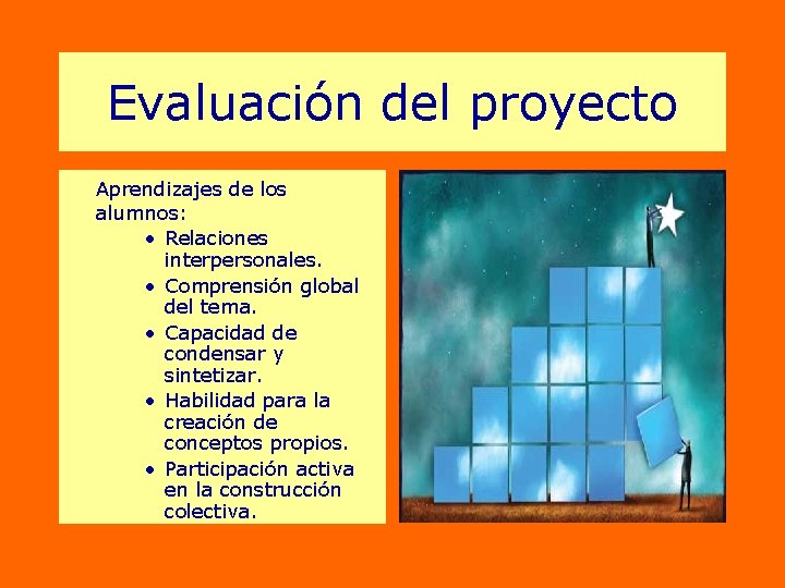 Evaluación del proyecto Aprendizajes de los alumnos: • Relaciones interpersonales. • Comprensión global del