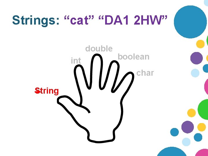 Strings: “cat” “DA 1 2 HW” double int boolean char String 