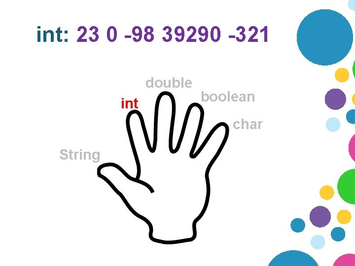 int: 23 0 -98 39290 -321 double int boolean char String 
