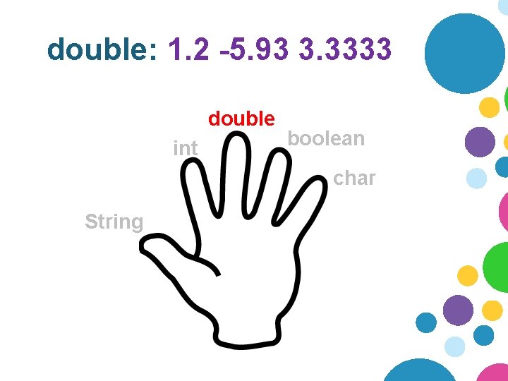 double: 1. 2 -5. 93 3. 3333 double int boolean char String 