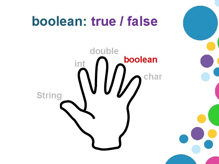 boolean: true / false double int boolean char String 