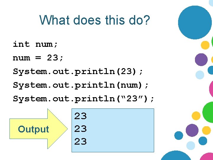 What does this do? int num; num = 23; System. out. println(23); System. out.