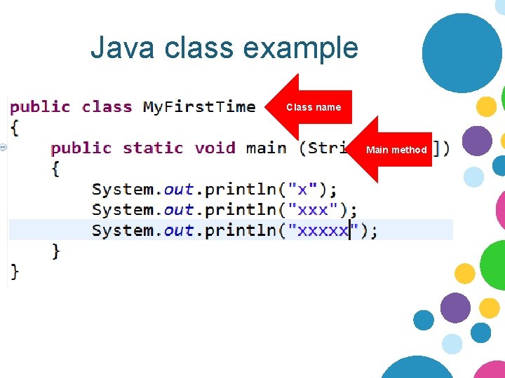 Java class example Class name Main method 