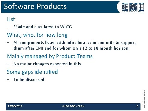 Software Products List – Made and circulated to WLCG What, who, for how long Software Products List – Made and circulated to WLCG What, who, for how long