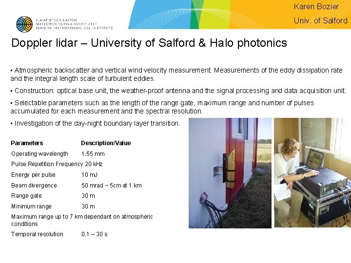 Karen Bozier Univ. of Salford Doppler lidar – University of Salford & Halo photonics