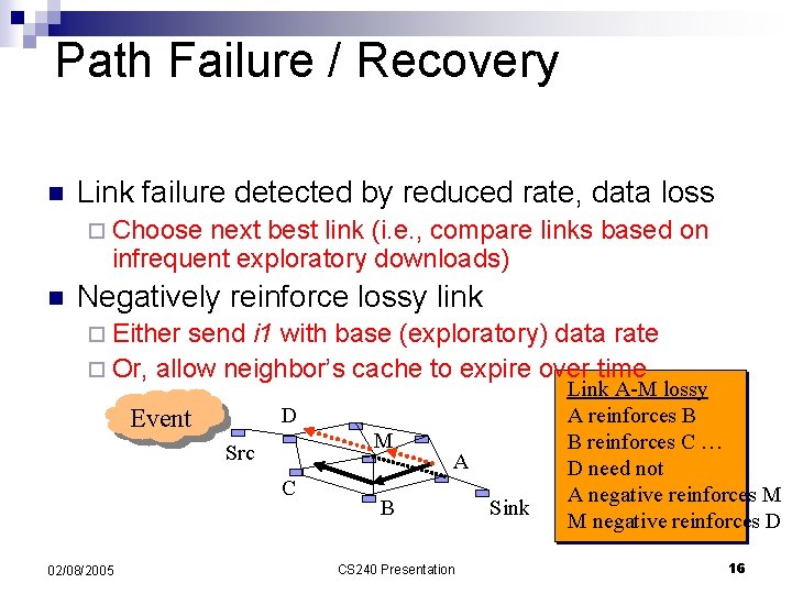Path Failure / Recovery n Link failure detected by reduced rate, data loss ¨