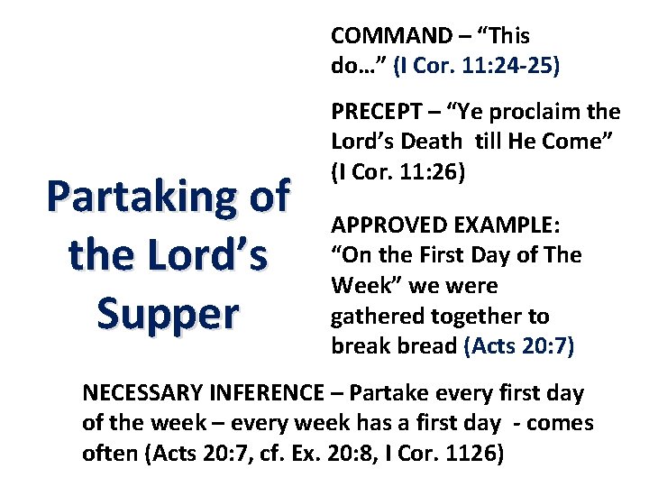 COMMAND – “This do…” (I Cor. 11: 24 -25) Partaking of the Lord’s Supper