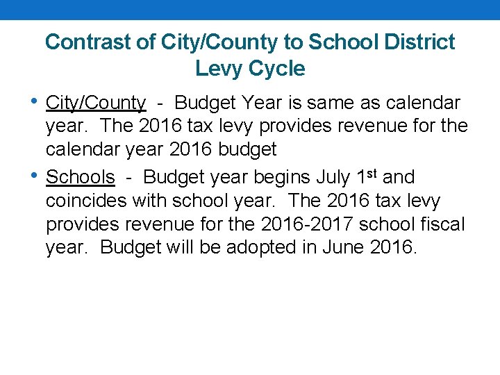 Contrast of City/County to School District Levy Cycle • City/County - Budget Year is