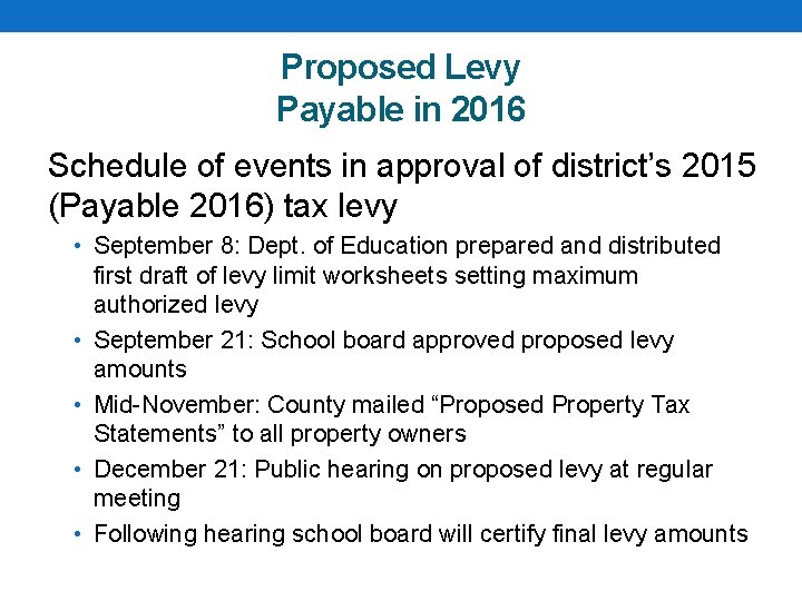 Proposed Levy Payable in 2016 Schedule of events in approval of district’s 2015 (Payable