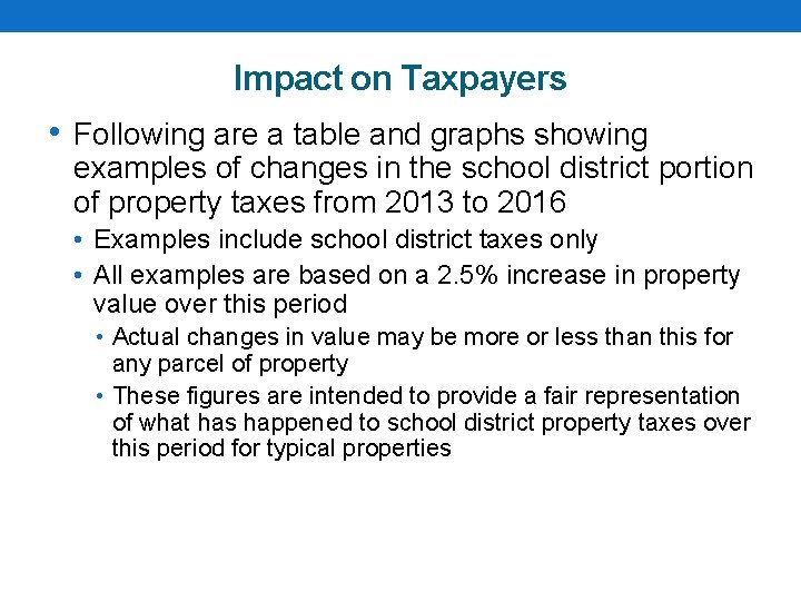 Impact on Taxpayers • Following are a table and graphs showing examples of changes