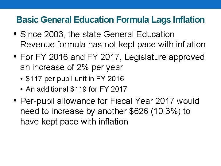 Basic General Education Formula Lags Inflation • Since 2003, the state General Education •