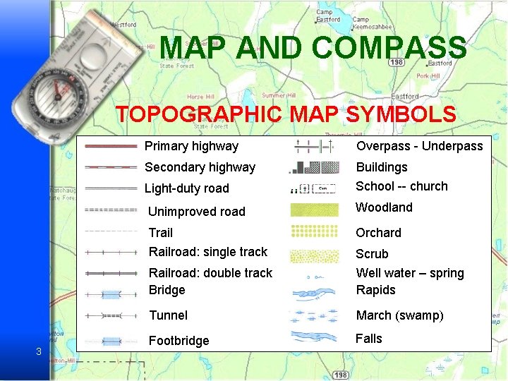 MAP AND COMPASS TOPOGRAPHIC MAP SYMBOLS 3 Primary highway Overpass - Underpass Secondary highway