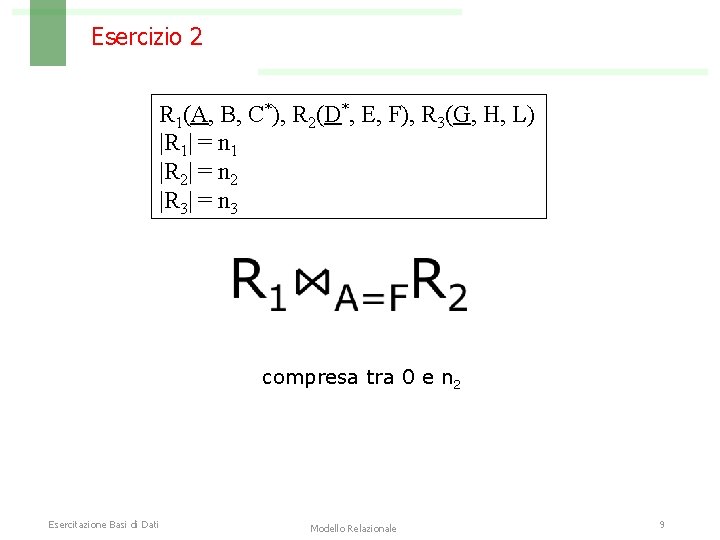 Esercizio 2 R 1(A, B, C*), R 2(D*, E, F), R 3(G, H, L)