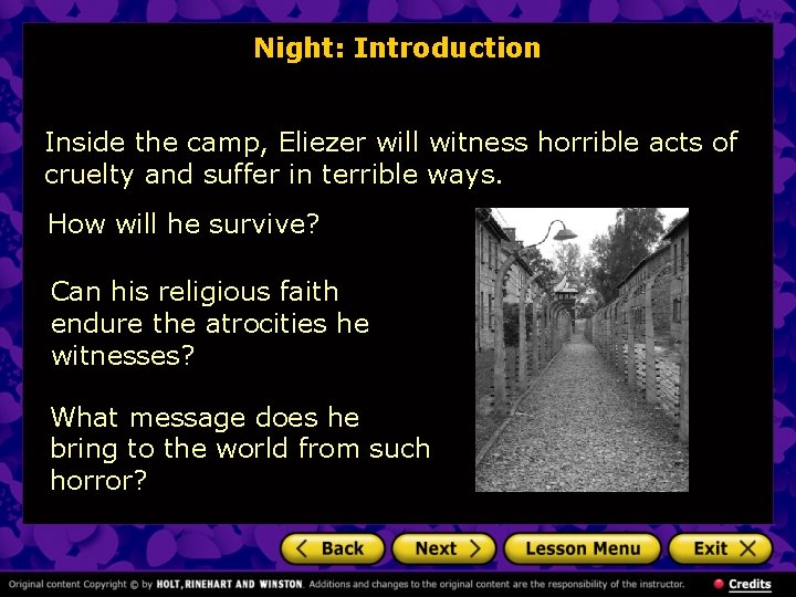 Night: Introduction Inside the camp, Eliezer will witness horrible acts of cruelty and suffer