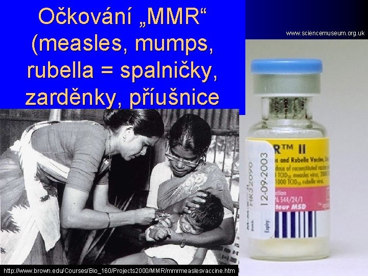 Očkování „MMR“ (measles, mumps, rubella = spalničky, zarděnky, příušnice http: //www. brown. edu/Courses/Bio_160/Projects 2000/MMR/mmrmeaslesvaccine.