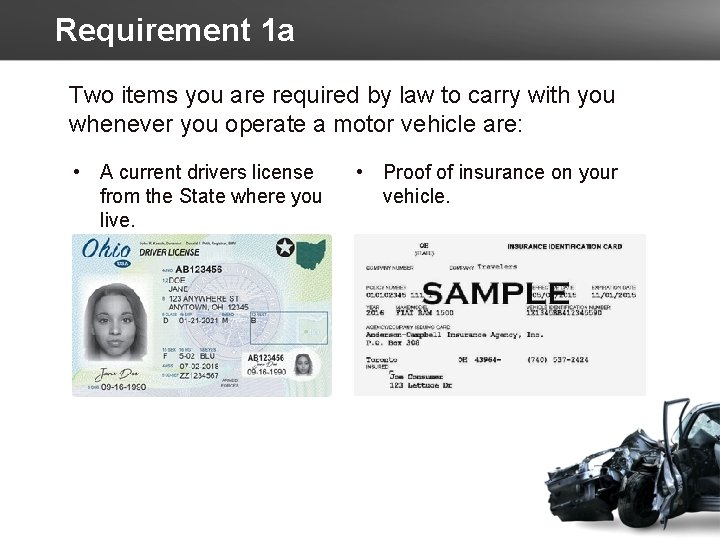 Requirement 1 a Two items you are required by law to carry with you