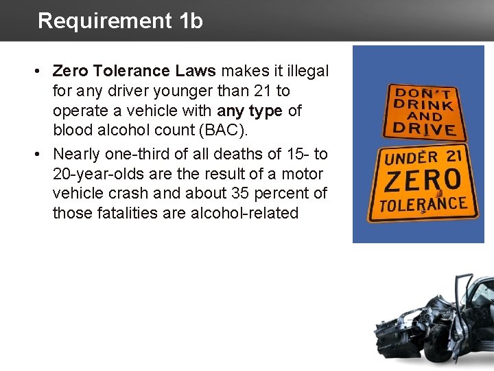 Requirement 1 b • Zero Tolerance Laws makes it illegal for any driver younger