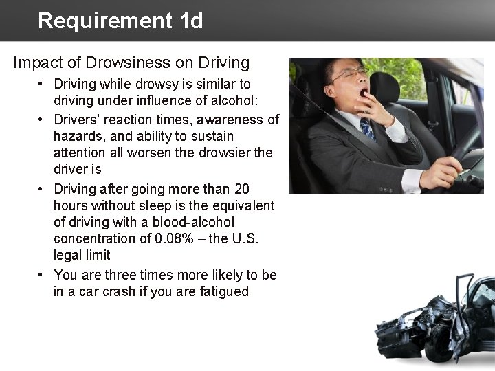 Requirement 1 d Impact of Drowsiness on Driving • Driving while drowsy is similar