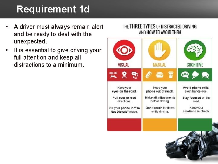 Requirement 1 d • A driver must always remain alert and be ready to