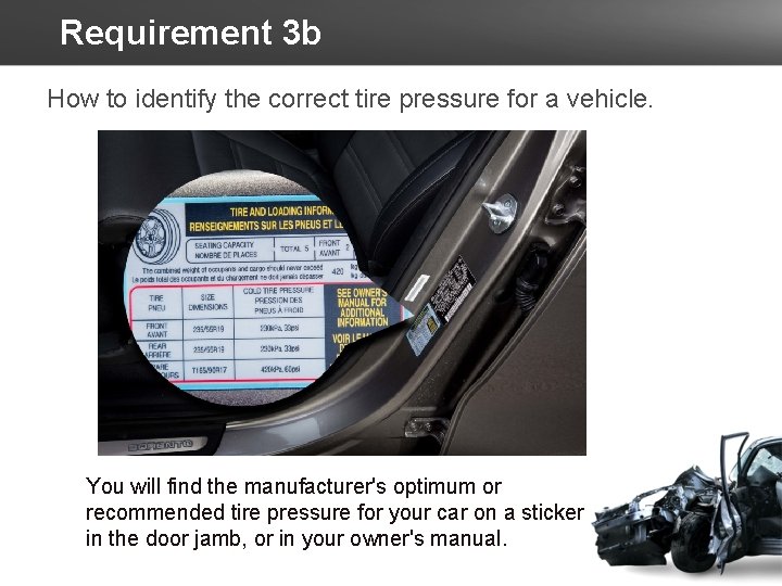 Requirement 3 b How to identify the correct tire pressure for a vehicle. You