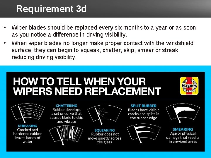 Requirement 3 d • Wiper blades should be replaced every six months to a