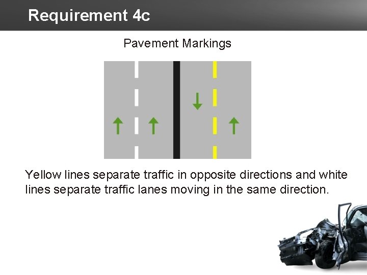 Requirement 4 c Pavement Markings Yellow lines separate traffic in opposite directions and white