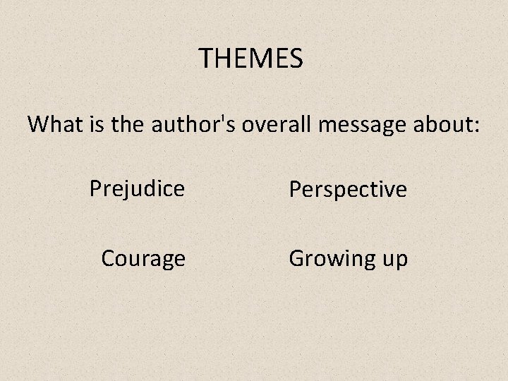 THEMES What is the author's overall message about: Prejudice Perspective Courage Growing up 