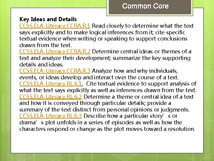 Common Core Key Ideas and Details CCSS. ELA-Literacy. CCRA. R. 1 Read closely to