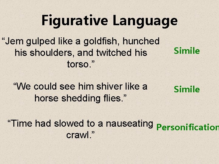 Figurative Language “Jem gulped like a goldfish, hunched his shoulders, and twitched his torso.