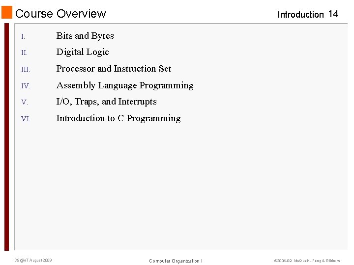 Course Overview Introduction 14 I. Bits and Bytes II. Digital Logic III. Processor and