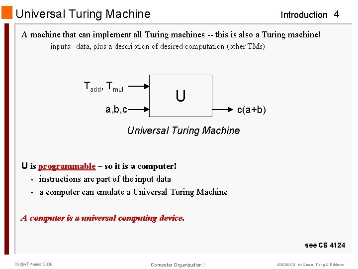 Universal Turing Machine Introduction 4 A machine that can implement all Turing machines --