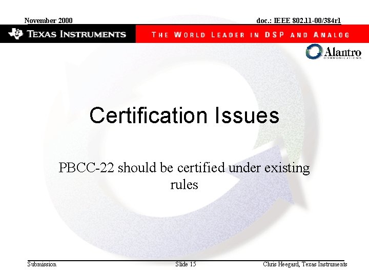 November 2000 doc. : IEEE 802. 11 -00/384 r 1 Certification Issues PBCC-22 should